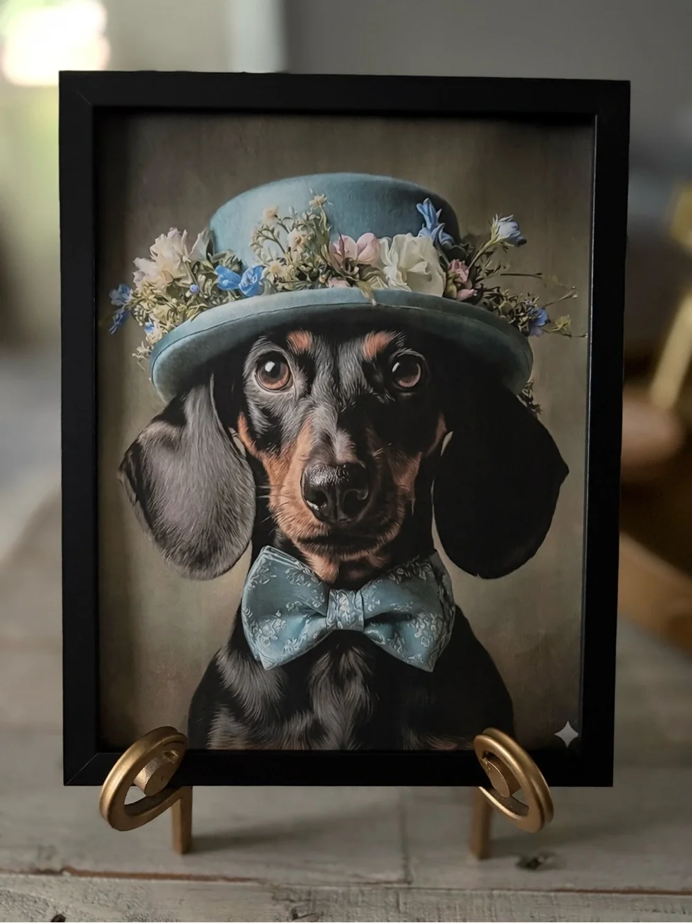 Playful Dachshund Portrait Framed 8x10   Art Print in Blue Hat and Bow